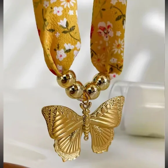 Golden Butterfly 18K Gold Stainless Steel Floral Scarf Choker Necklace - Picture 2 of 11
